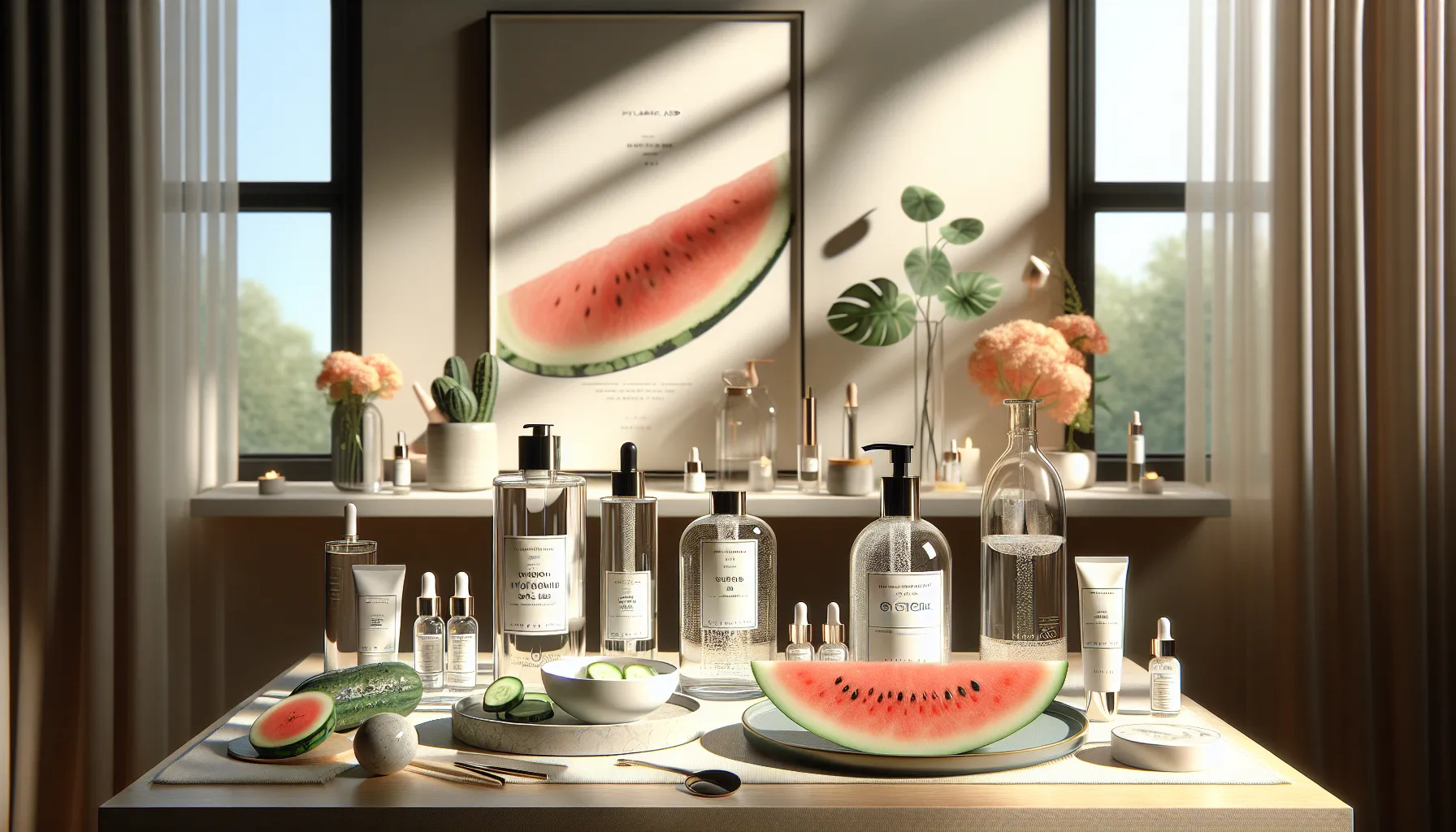 Korean skincare products emphasizing hydration on a modern vanity.