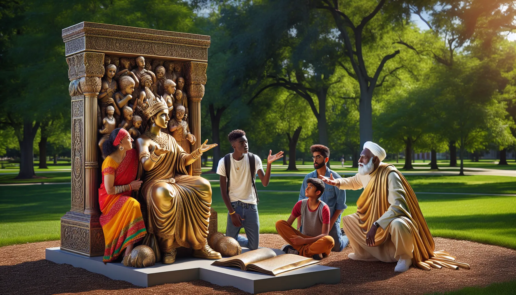 a diverse group discussing Zoroastrianism and Hinduism in a sunny park.