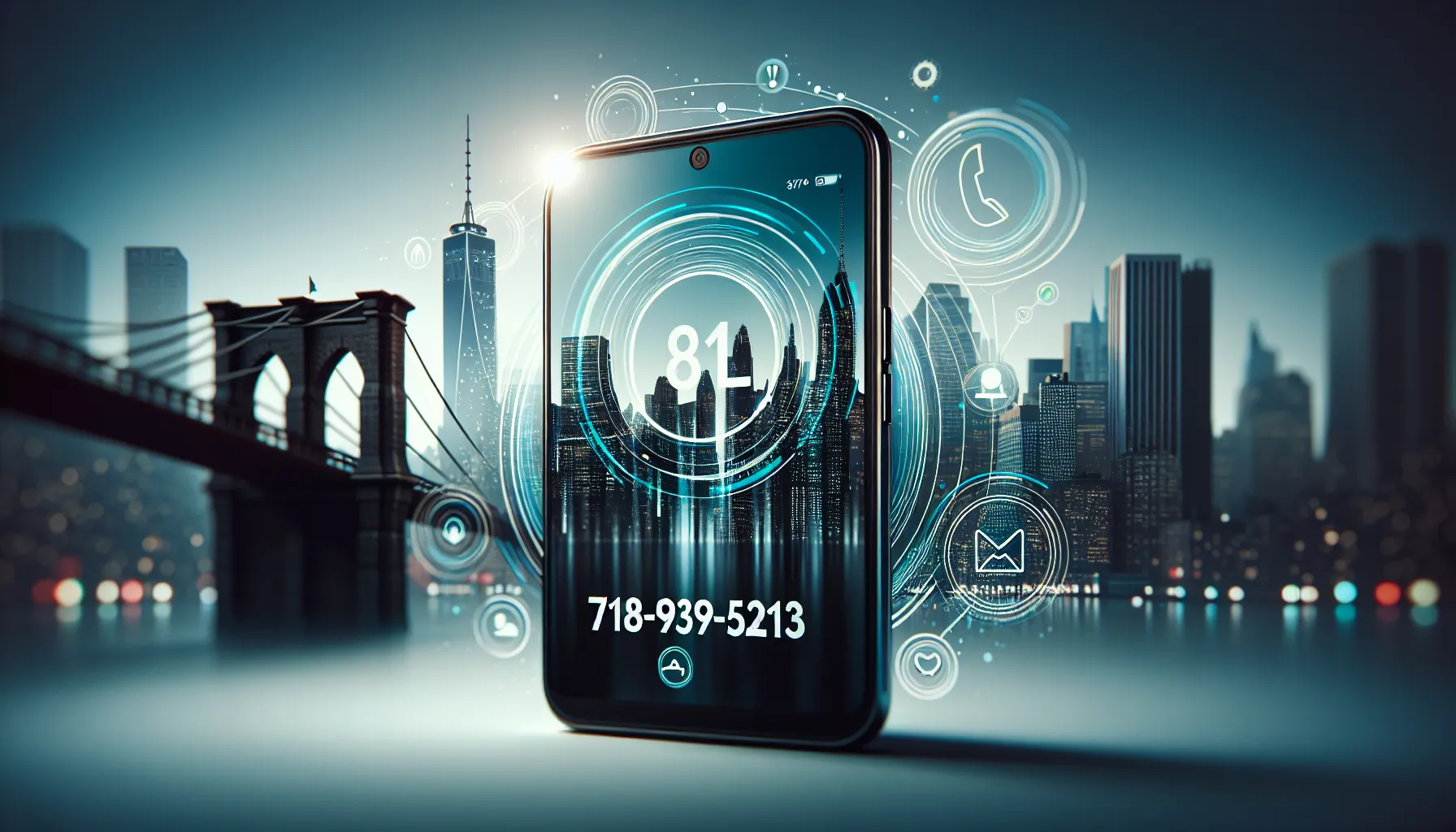 smartphone displaying the number 718-939-5213 with New York City background.
