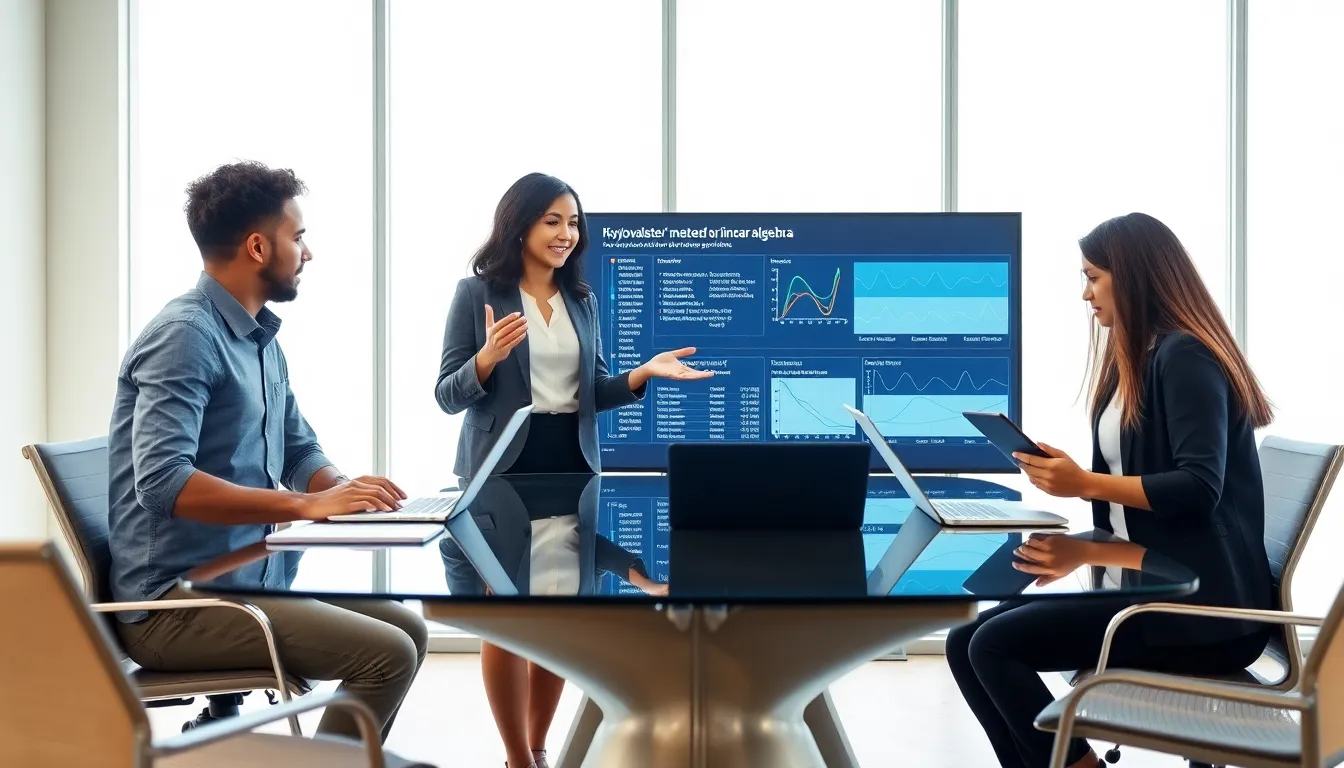 diverse professionals in a modern office discussing Krylovalster technology.