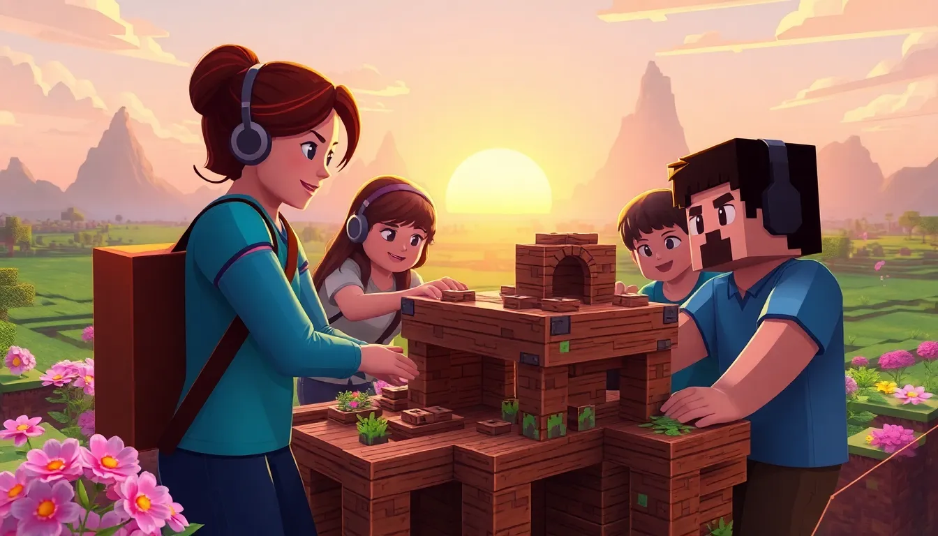 diverse players building together in a colorful Minecraft setting.