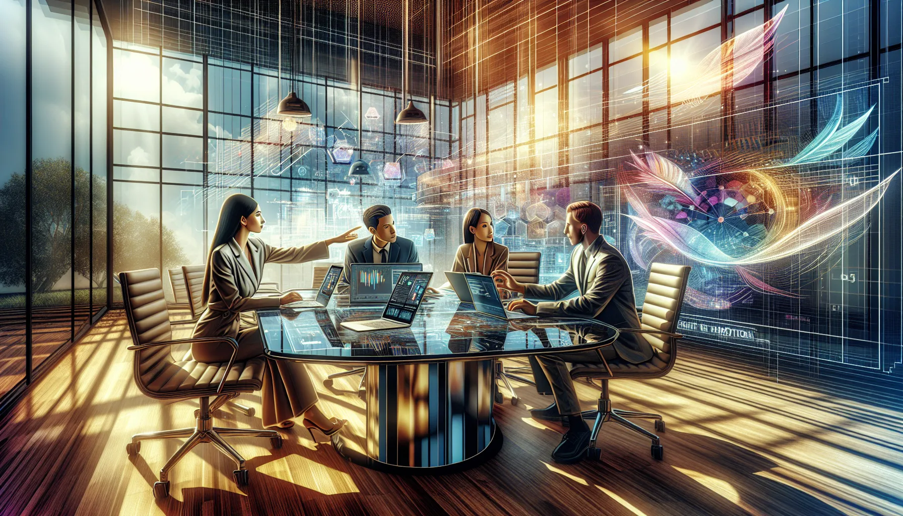 diverse team collaborating on digital design with PNGs in a modern office.