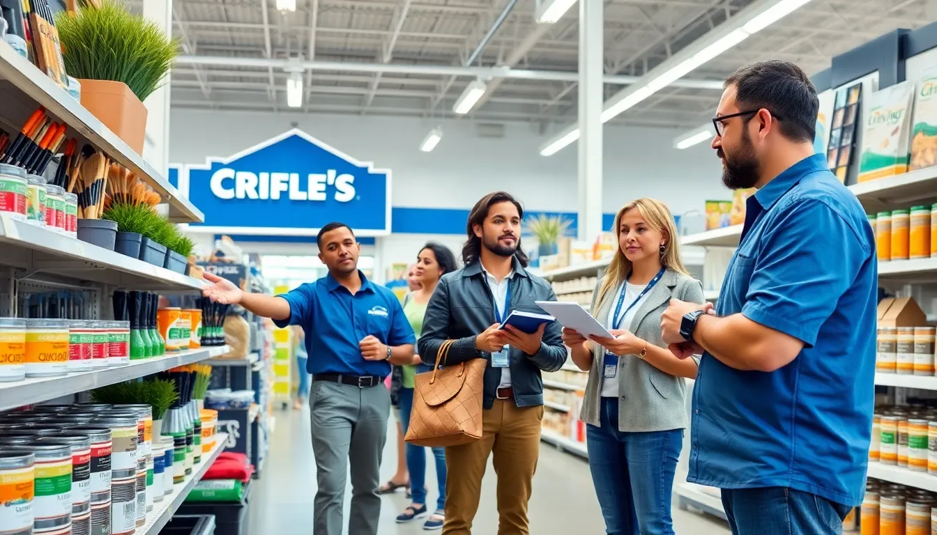 diverse team assisting customers in a well-stocked Lowe's store.