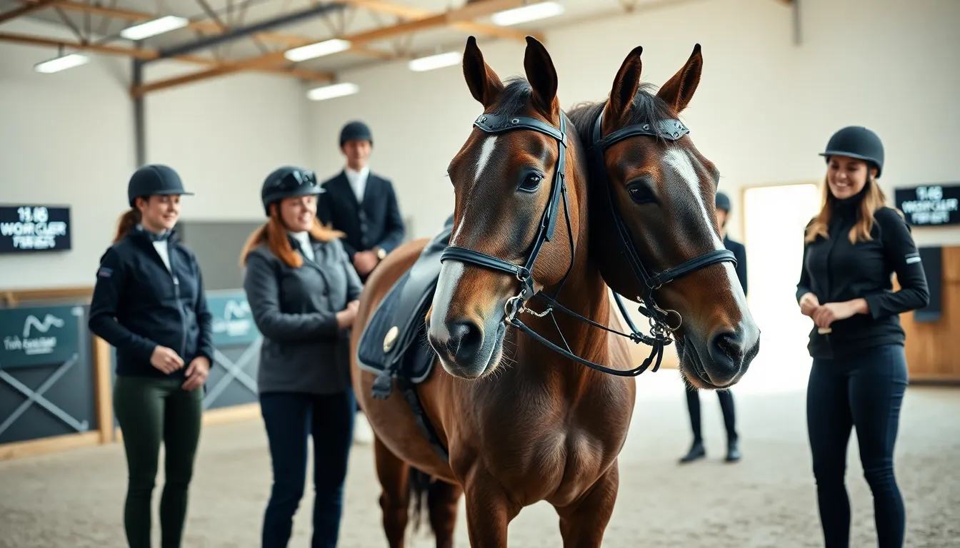 Equestrians testing advanced riding equipment in a modern barn.