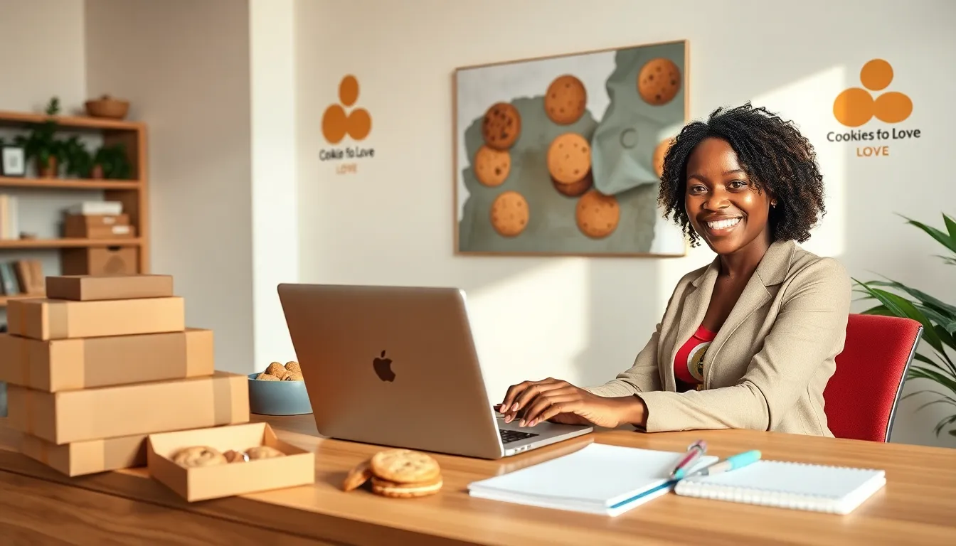 customer service representative assisting with cookie inquiries in a modern office.
