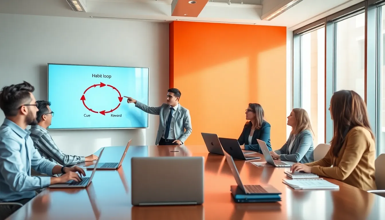 professionals discussing habit formation in a modern office.