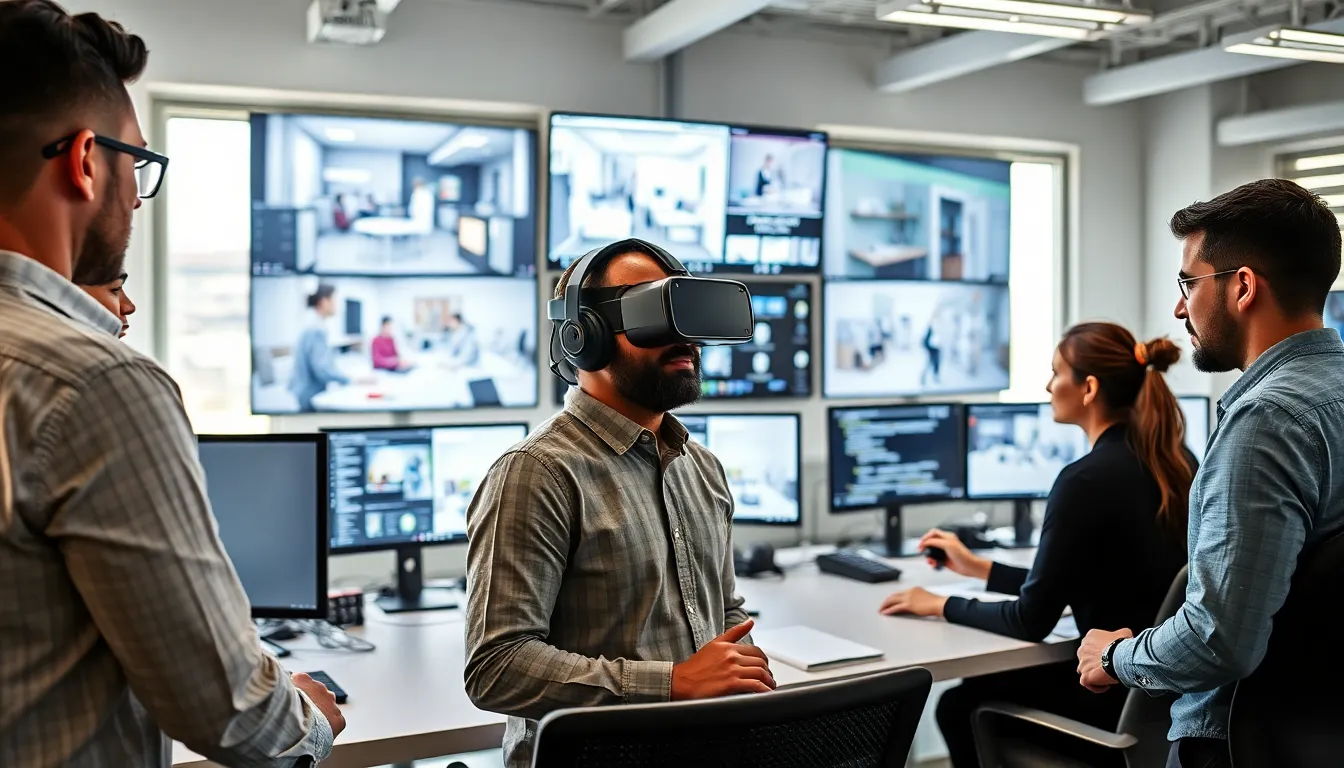 diverse team working on virtual reality development in a modern office.