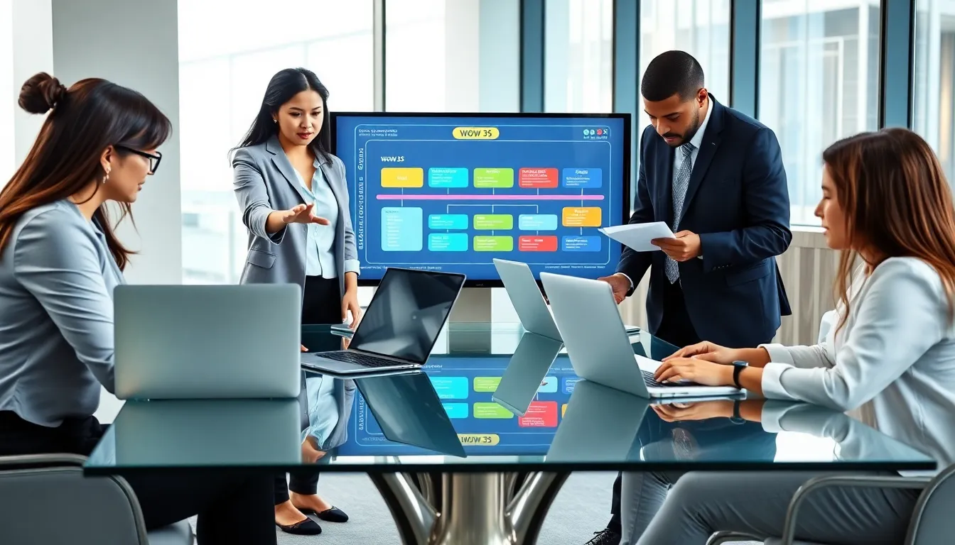 diverse team collaborating in a modern office around Wow 3S software.