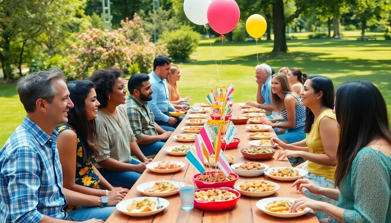 Diverse group celebrating a birthday in a sunny outdoor setting.