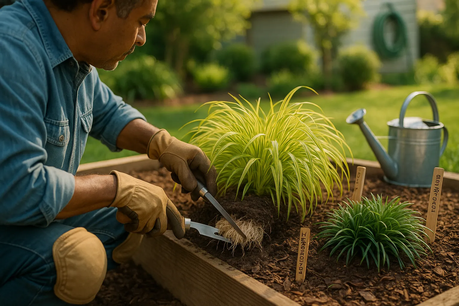Gardener dividing Hakonechloa next to a carpet of Ophiopogon in a raised bed.