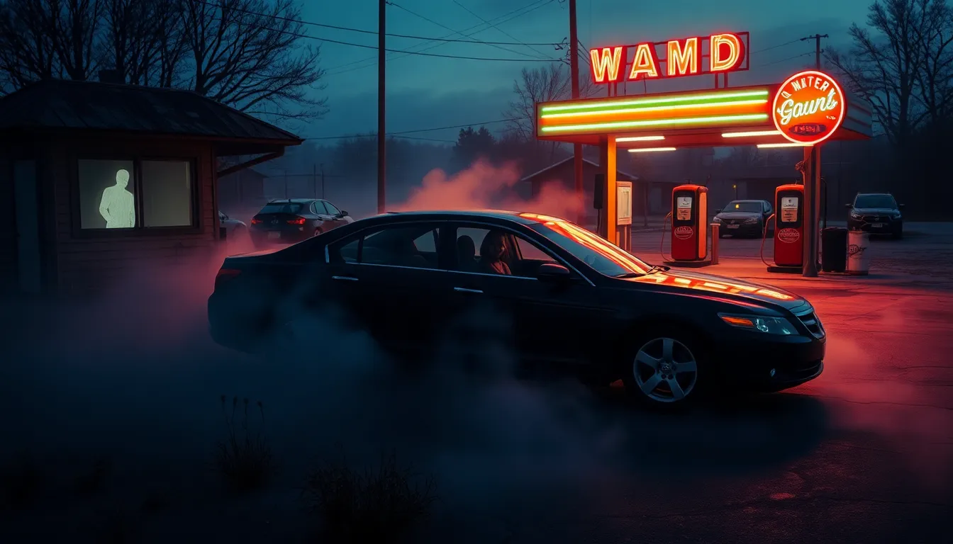 haunted car wash scene with eerie atmosphere and vintage architecture.