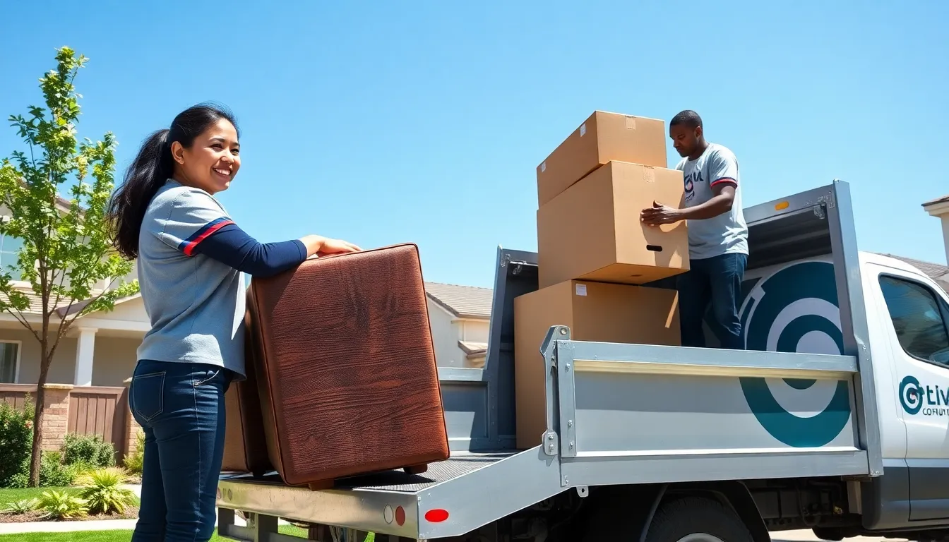 diverse junk haulers loading items into a truck in Fresno.