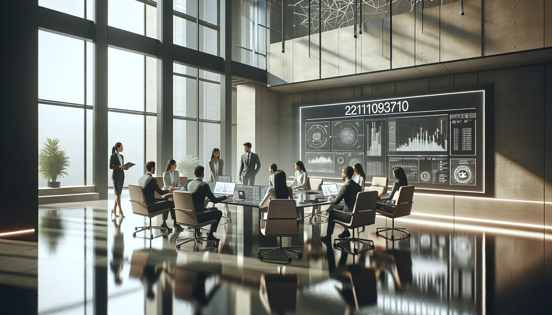 diverse team discussing key number in a modern office.