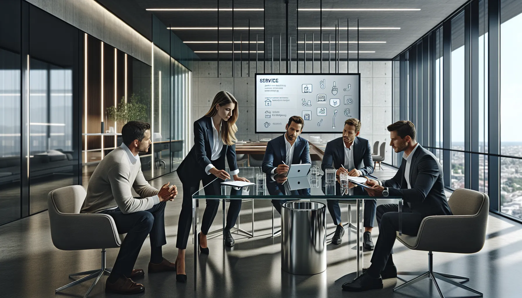 diverse team discussing service options in a modern office.