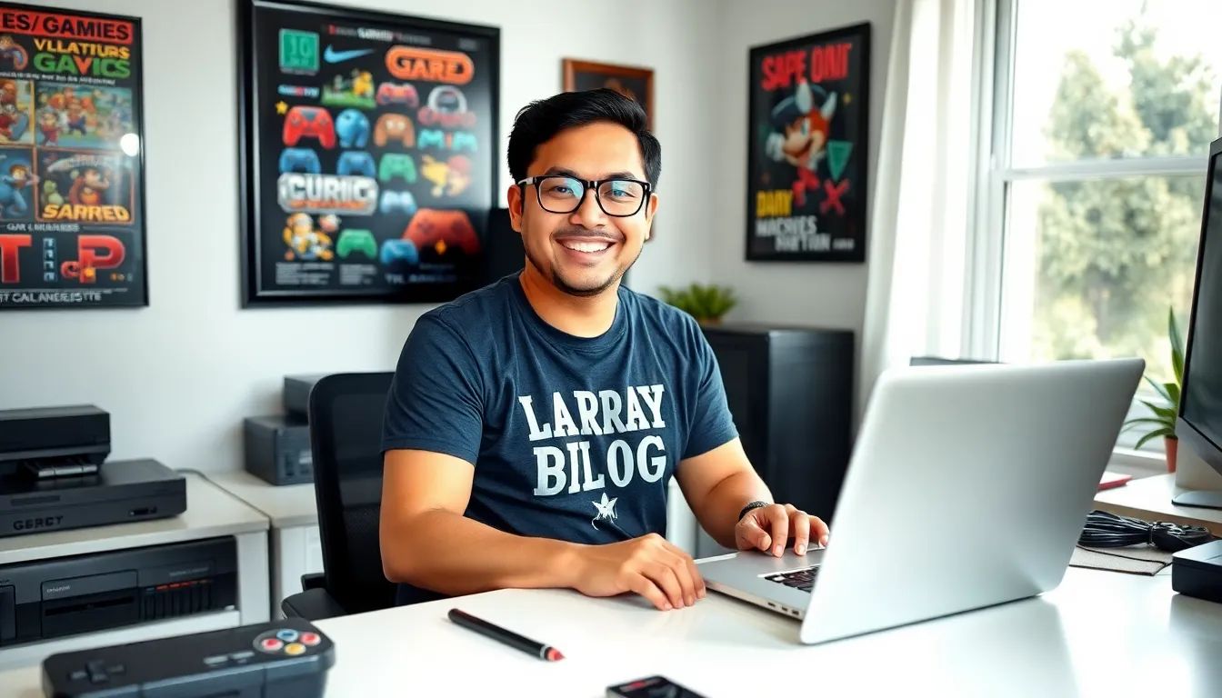 Larry Nando writing at a modern workstation filled with gaming memorabilia.