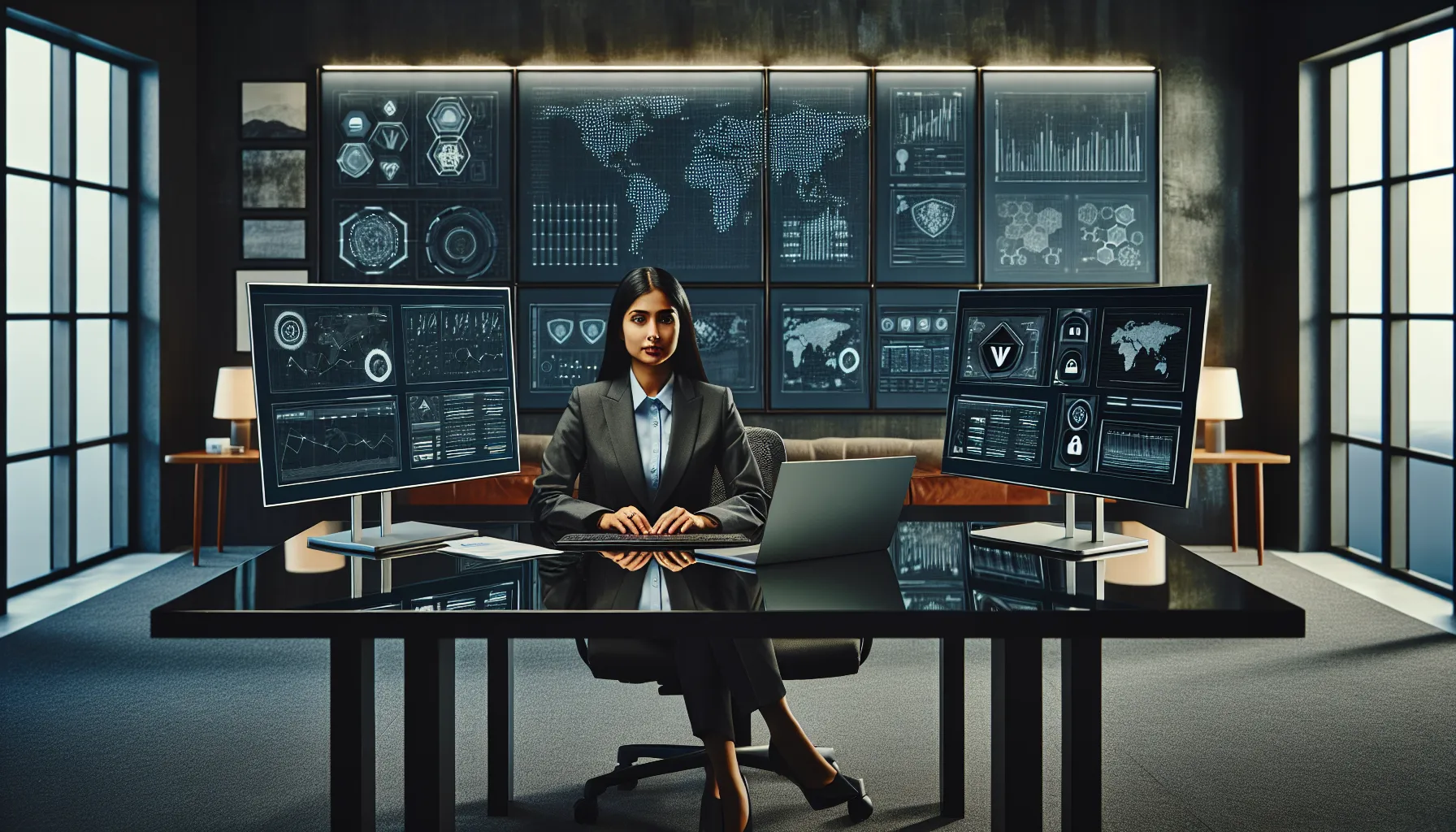 cybersecurity expert analyzing data on multiple monitors.