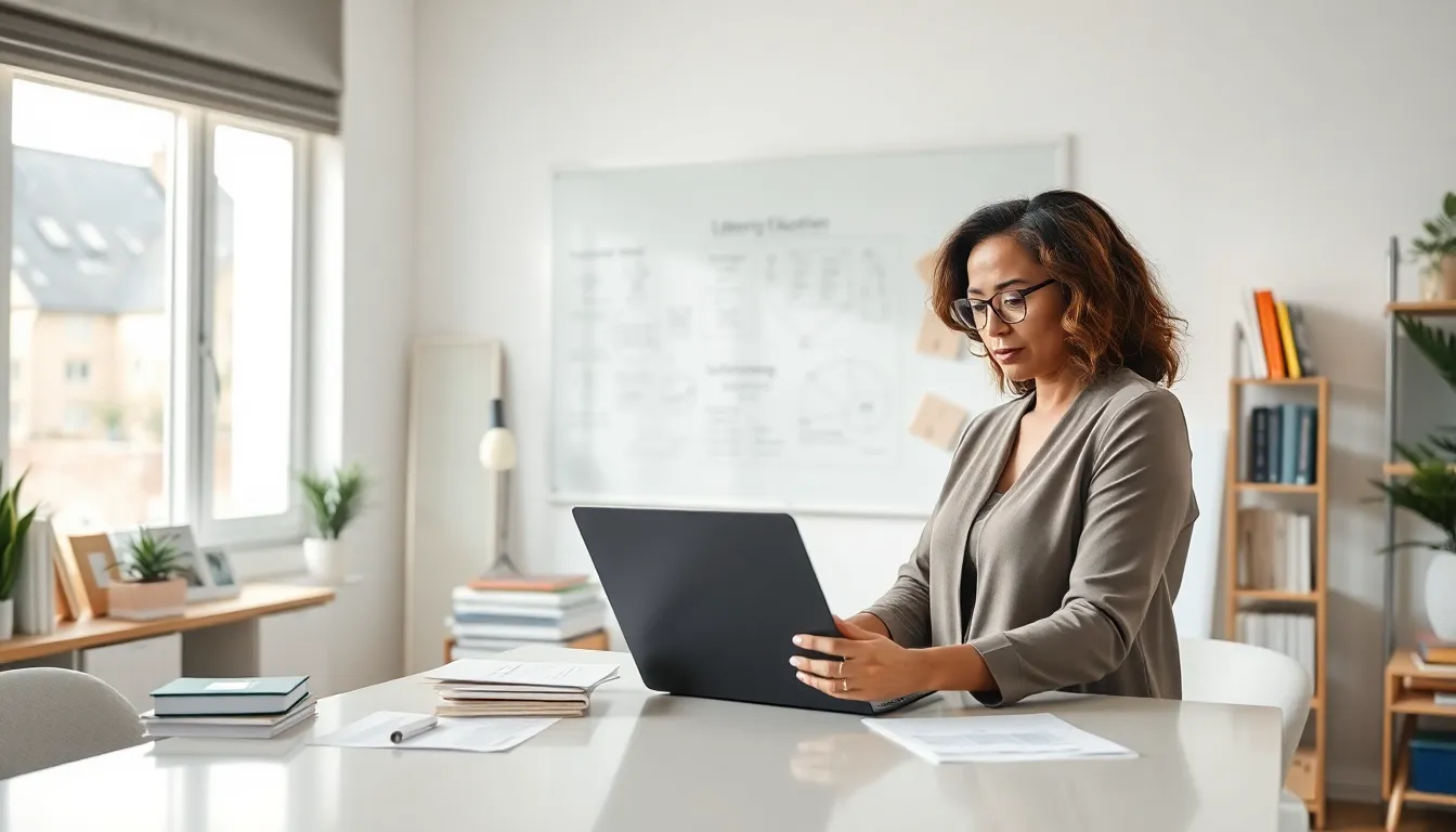 educator engaging in online literacy education in a modern office.