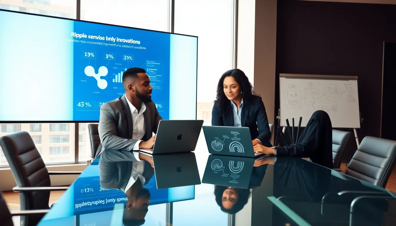 professional team discussing Ripple cryptocurrency developments in a modern office.