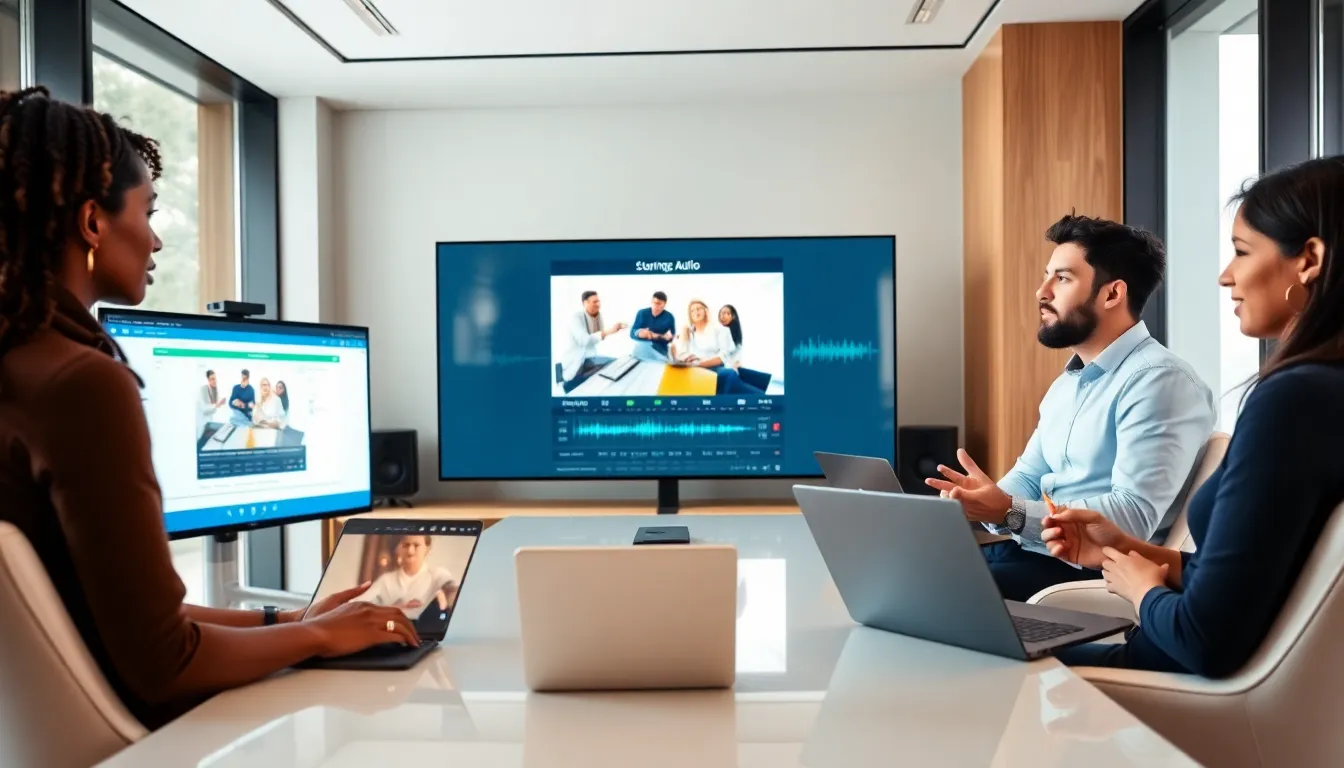diverse team discussing digital audio and video in a modern conference room.