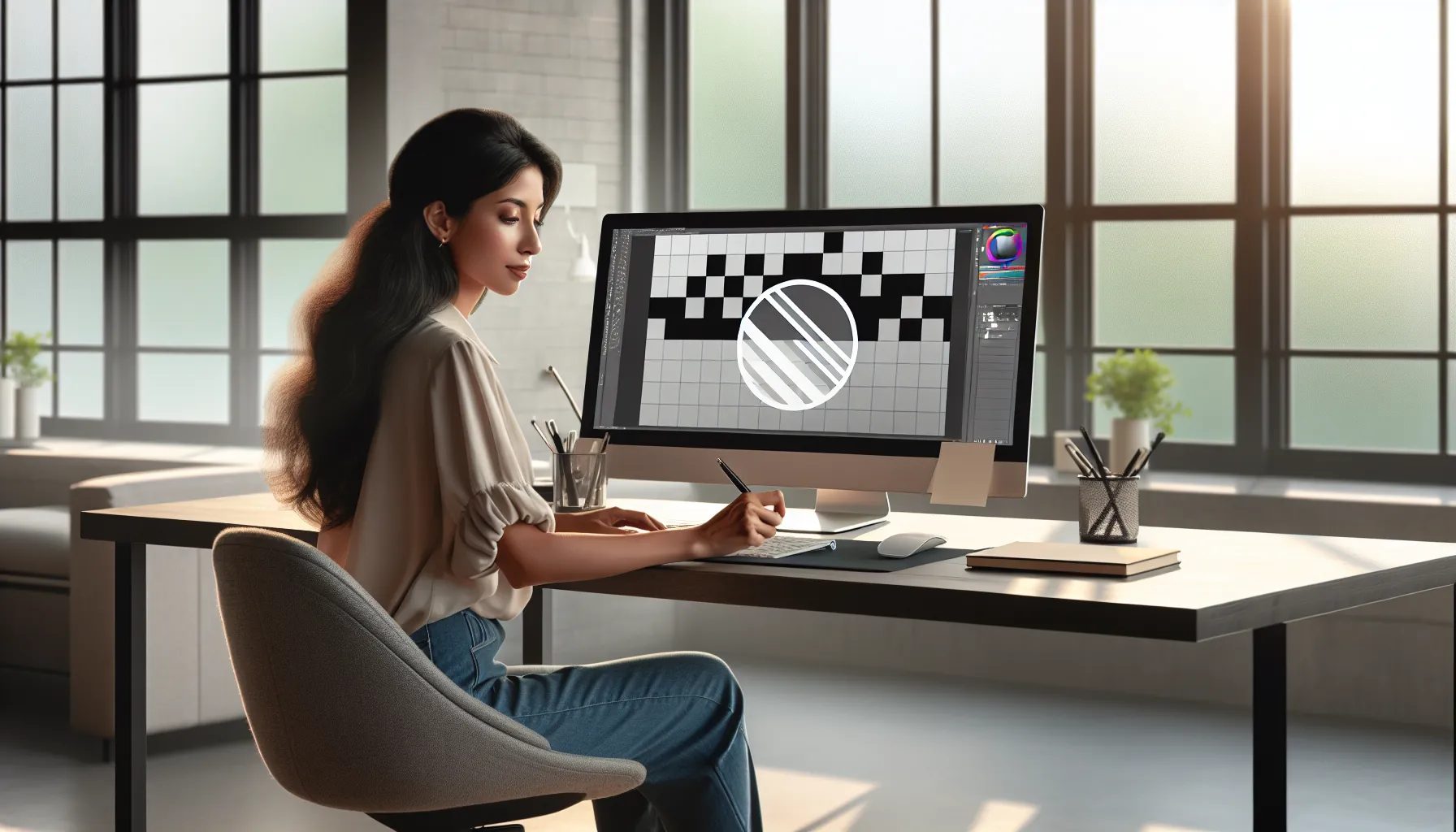 designer creating a transparent logo in a modern workspace.