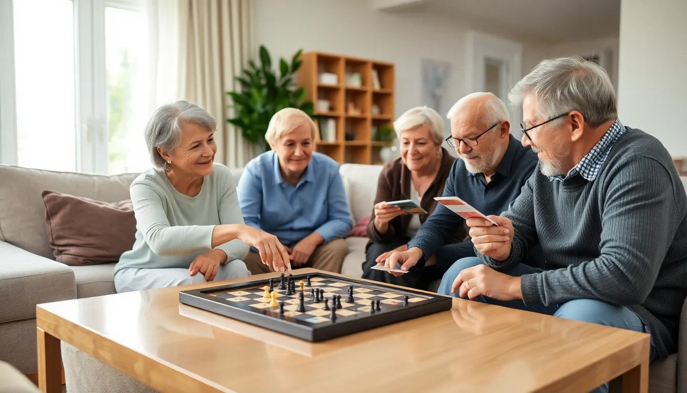 elderly group playing a war game in a cozy living room.