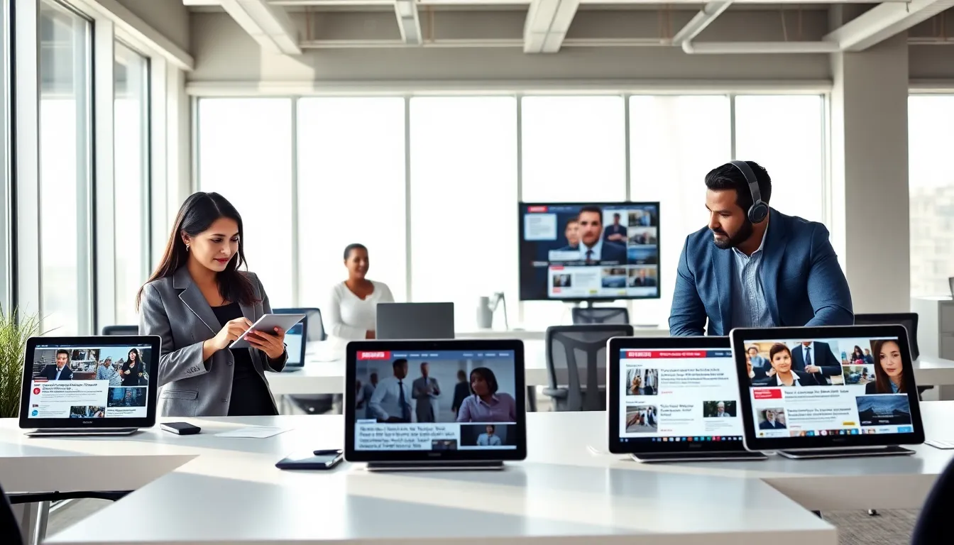 diverse team discussing news updates in a modern office.