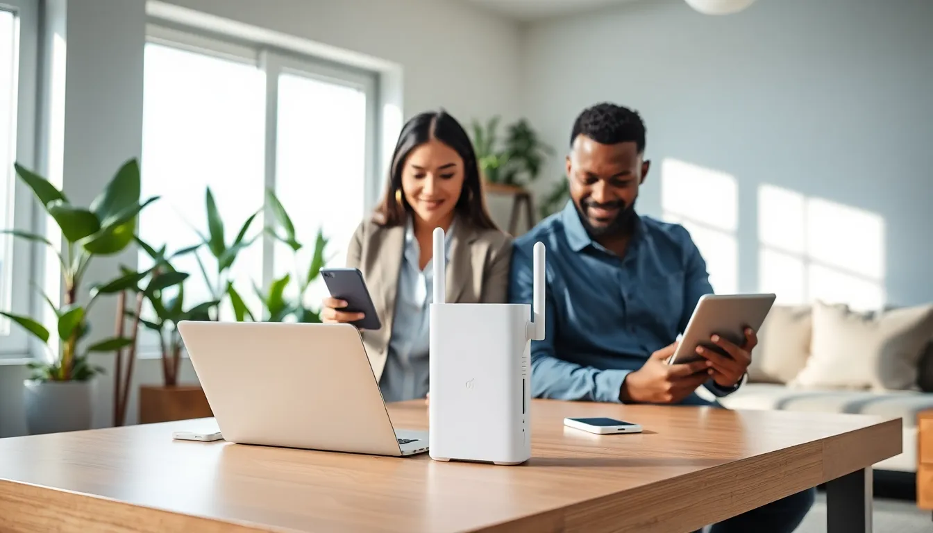 Professionals setting up an AC750 WiFi range extender in a modern office.