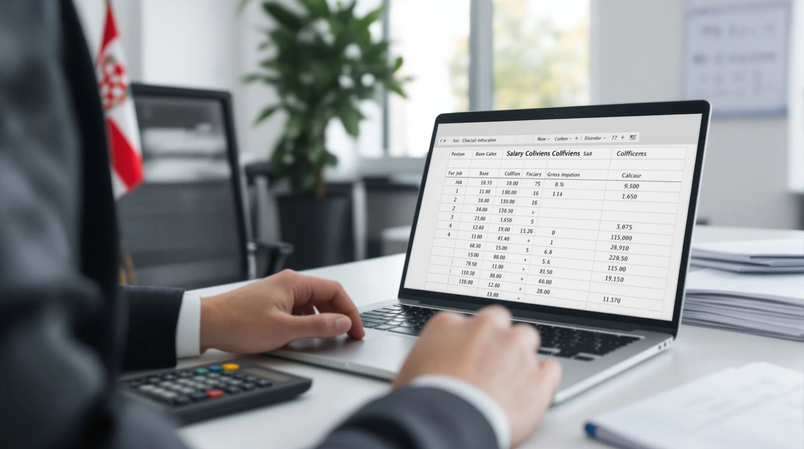 Professional calculating salary coefficients on laptop in modern office