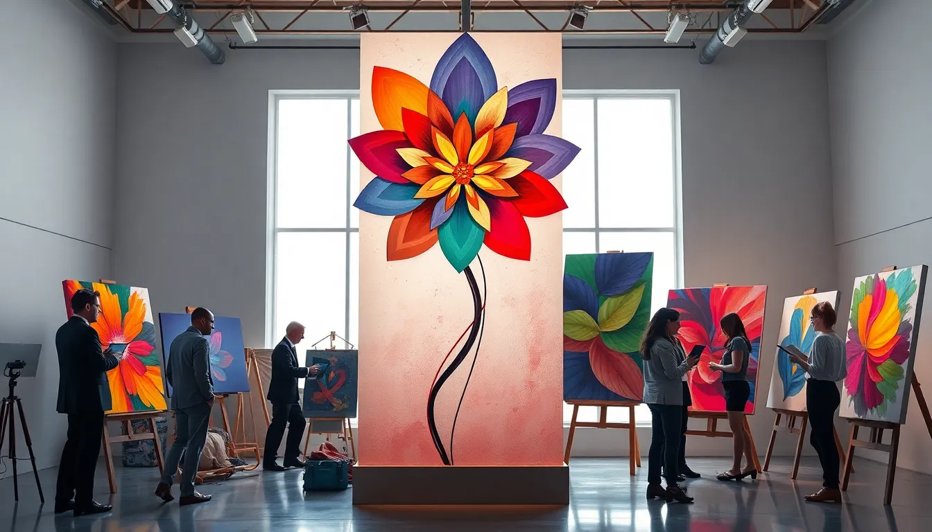 diverse artists collaborating in a modern art studio.