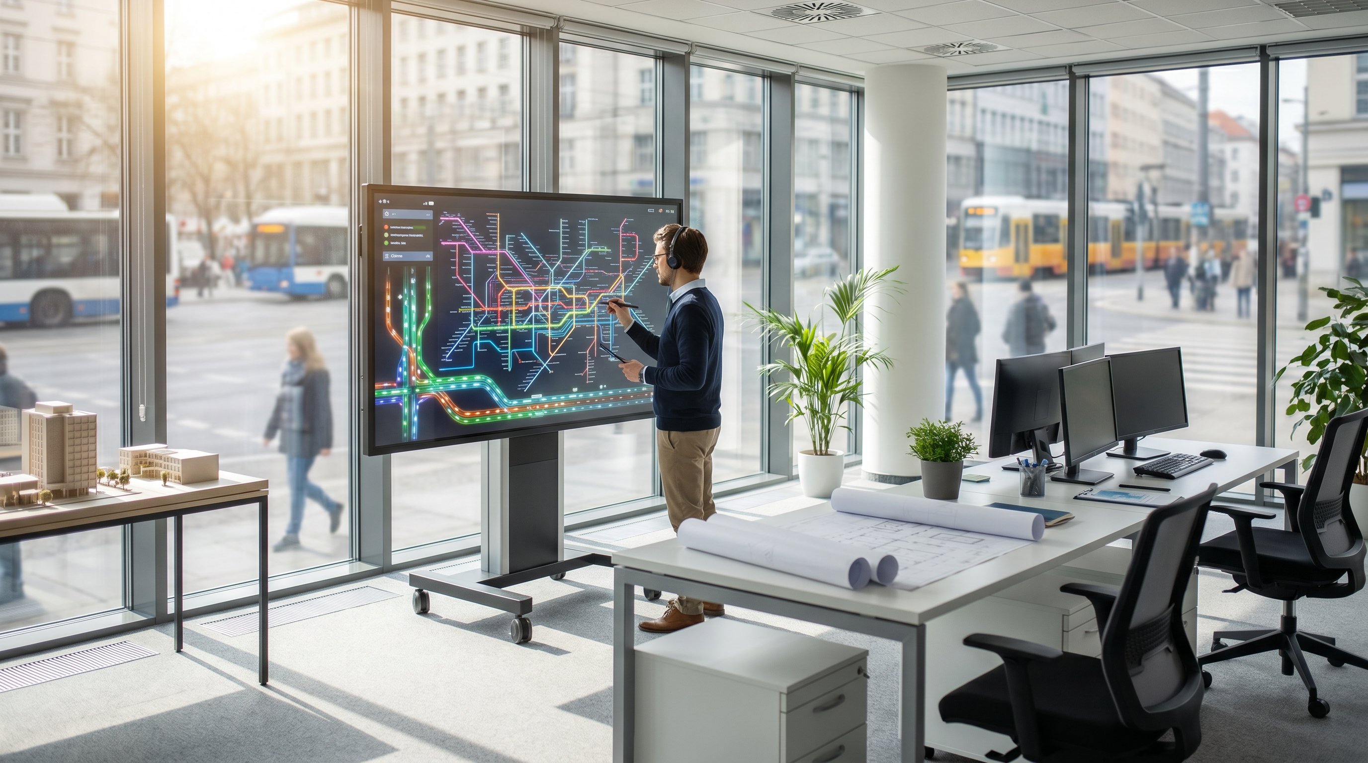 Transport planning professional analyzing transit maps and traffic models in a modern office with a city transport corridor in the background.