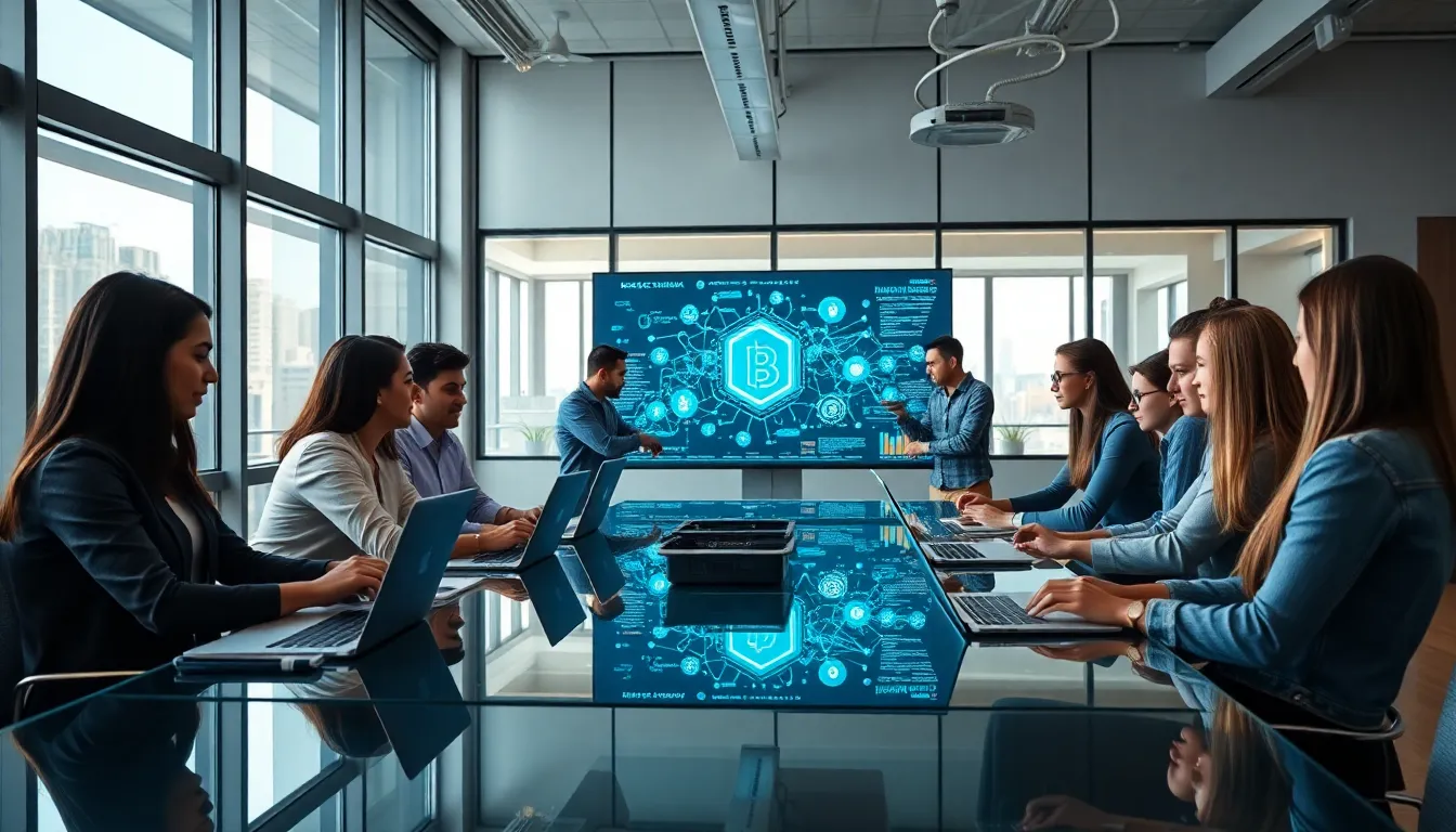 diverse professionals discussing blockchain technology in a modern office.