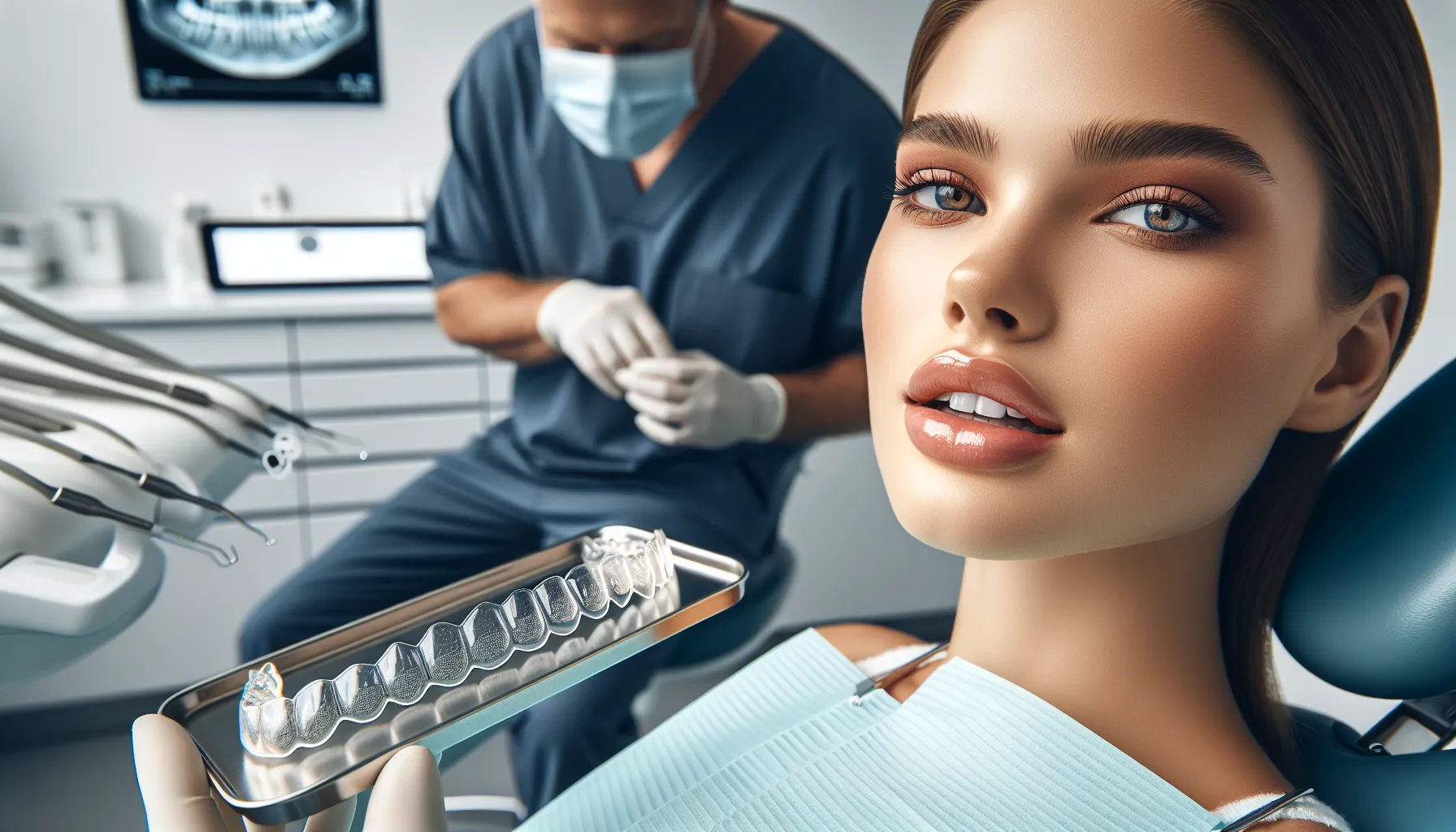Woman at a norwegian dental clinic showing straight teeth and aligner check.