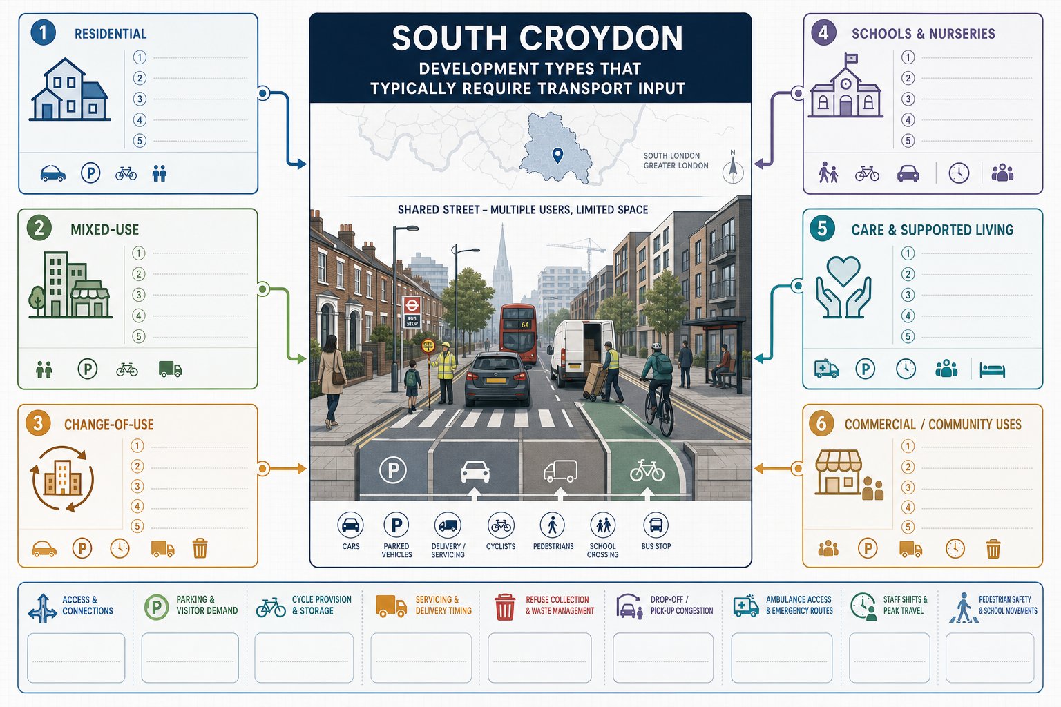 Infographic of South Croydon development types needing transport and highway assessment.