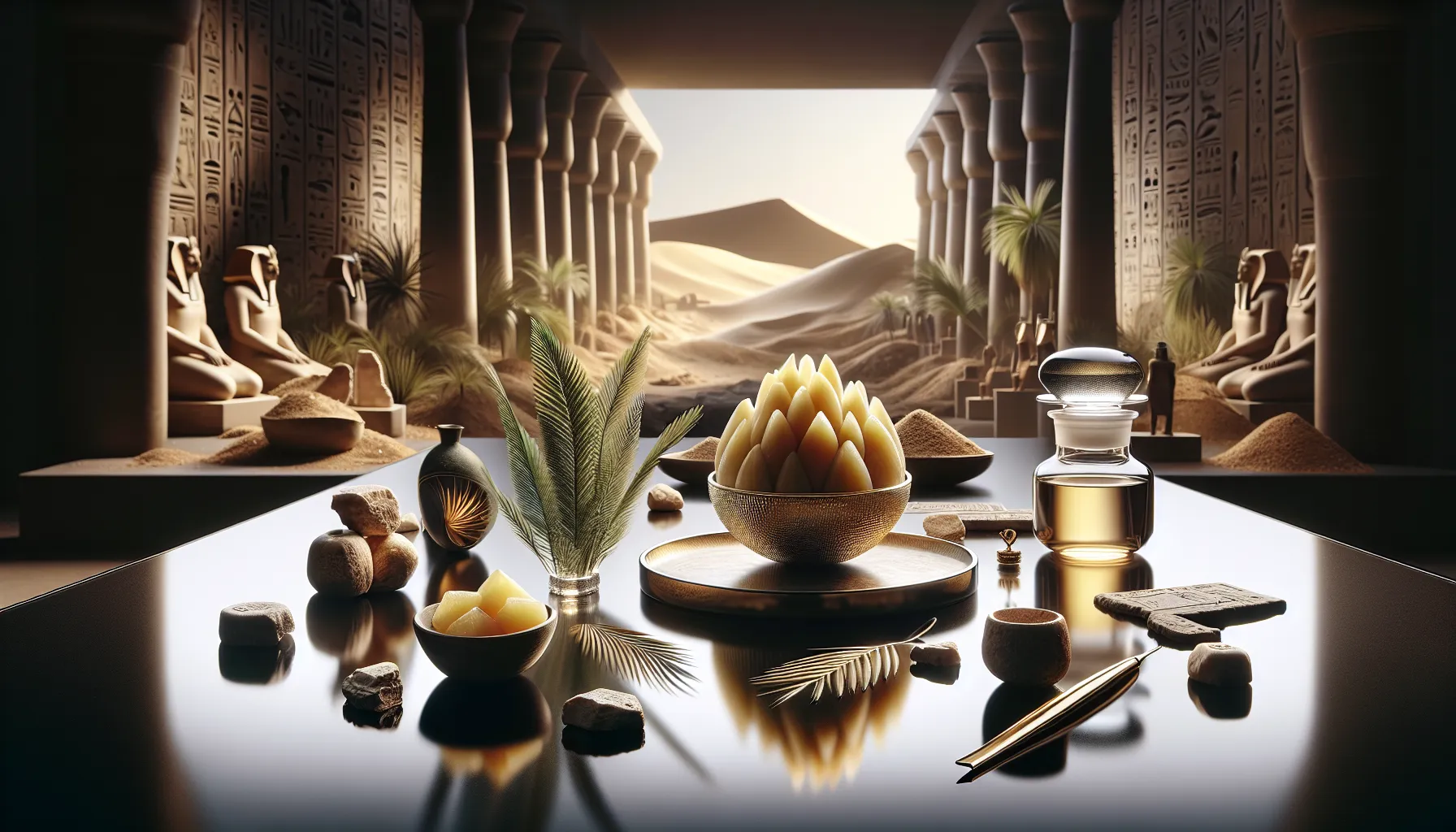 Doumneh fruit with ancient Egyptian artifacts in a museum setting.