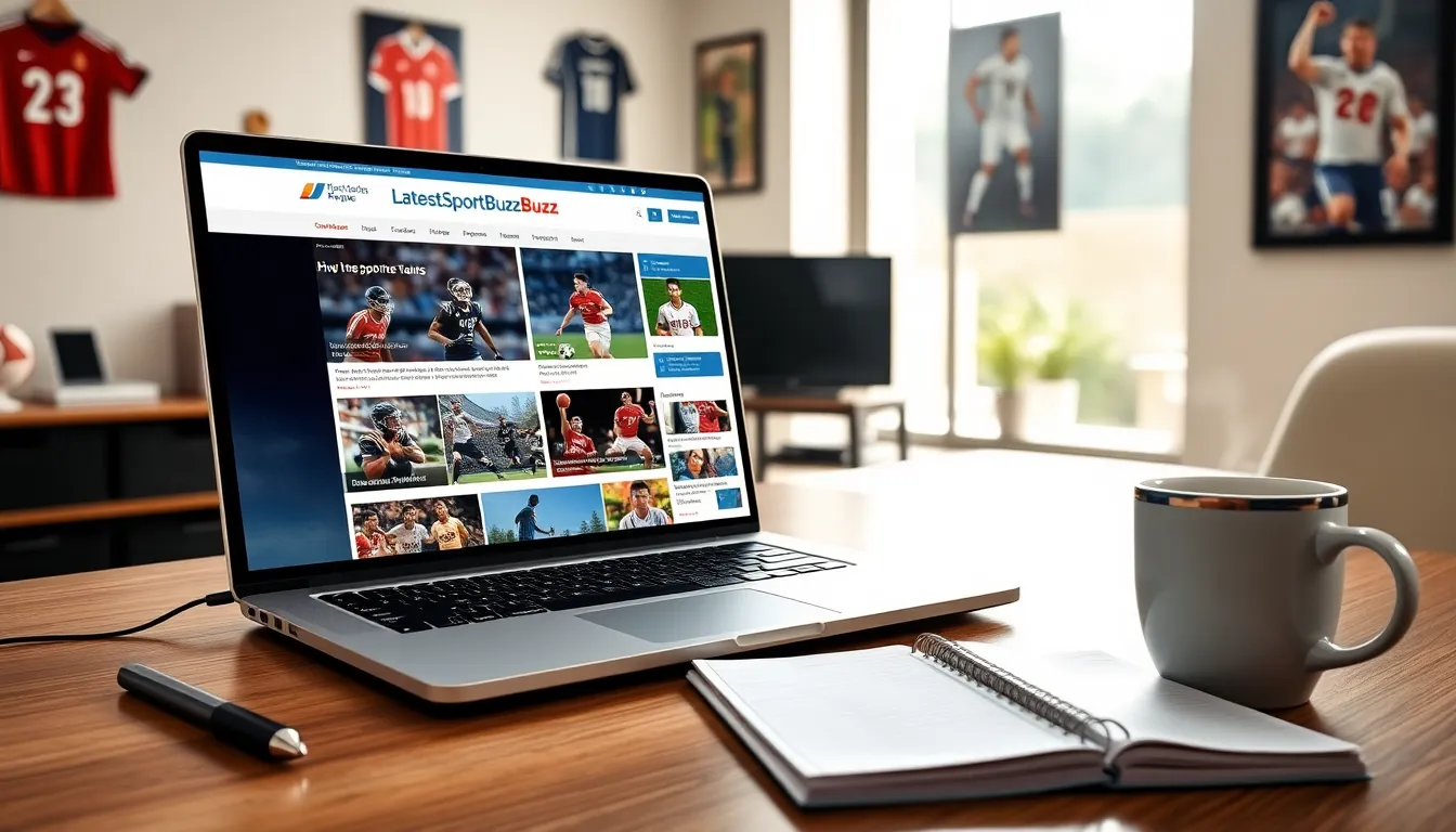 A laptop showing LatestSportsBuzz.com in a modern home office.