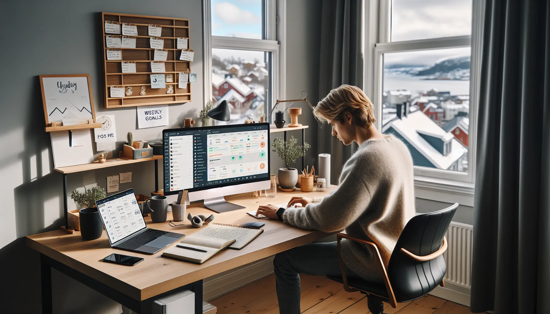 Norwegian professional focused at a tidy home office using smart digital work tools.