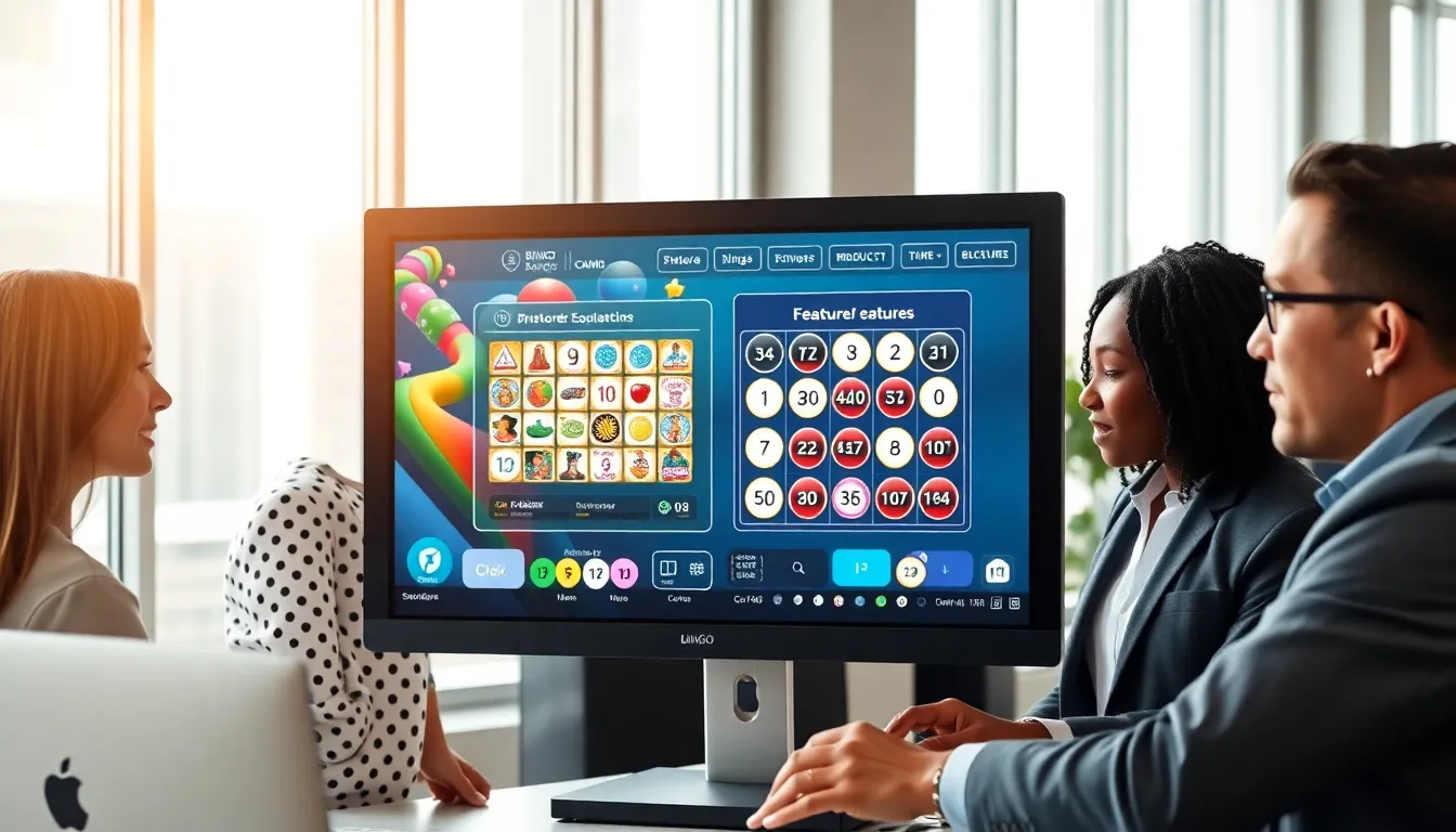 professionals engaging with bingo software in a modern office.