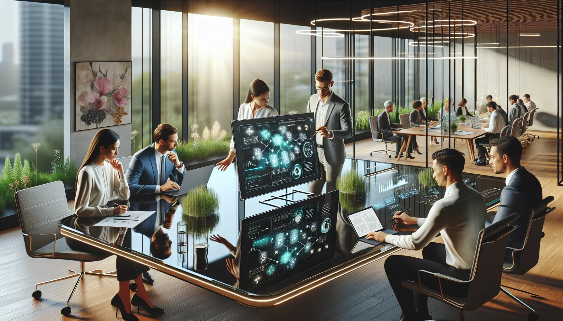 diverse team collaborating on technology and data management in a modern office.