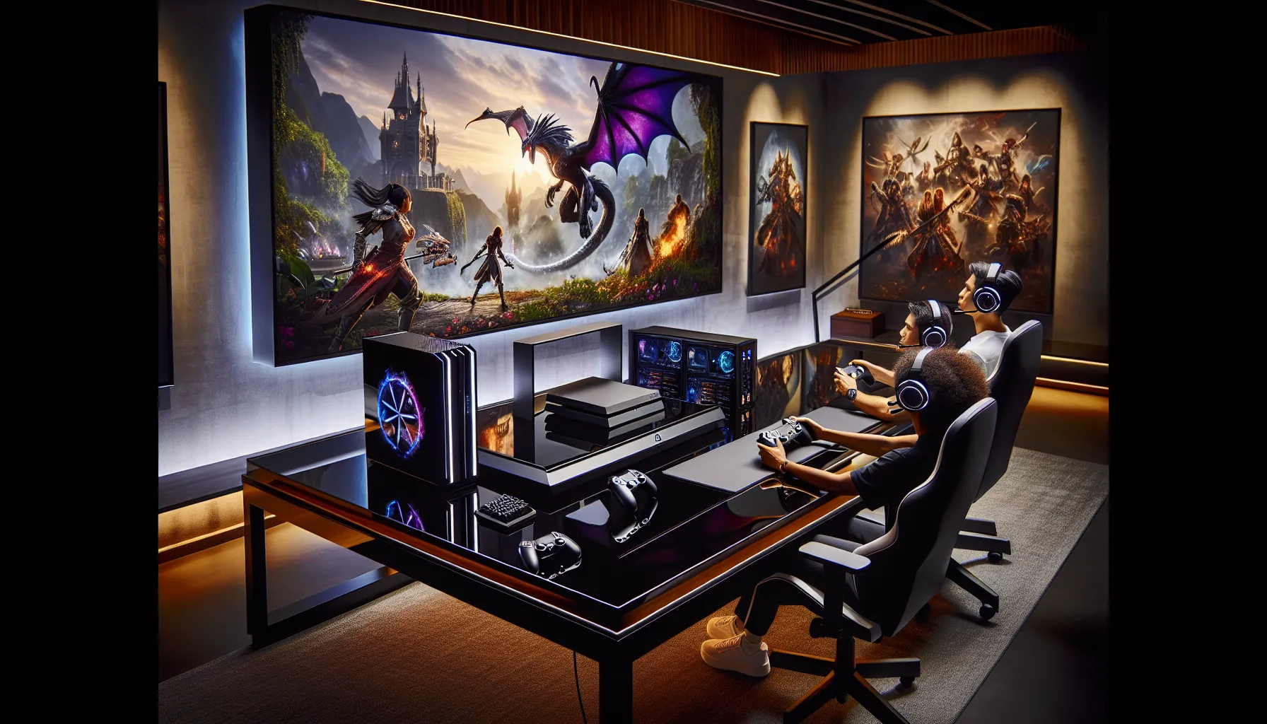 diverse gamers enjoying World of Warcraft in a modern setup.