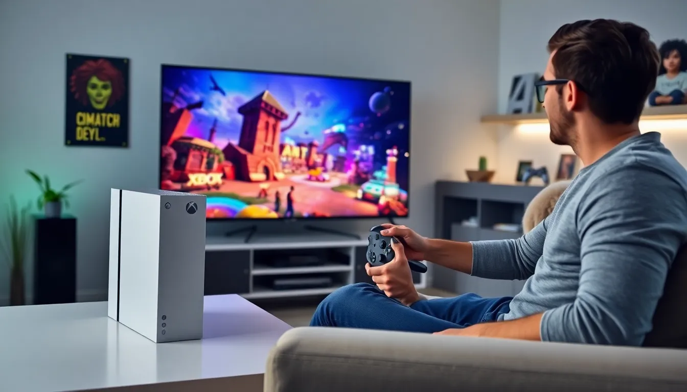 adult engaged in gameplay in a modern living room.