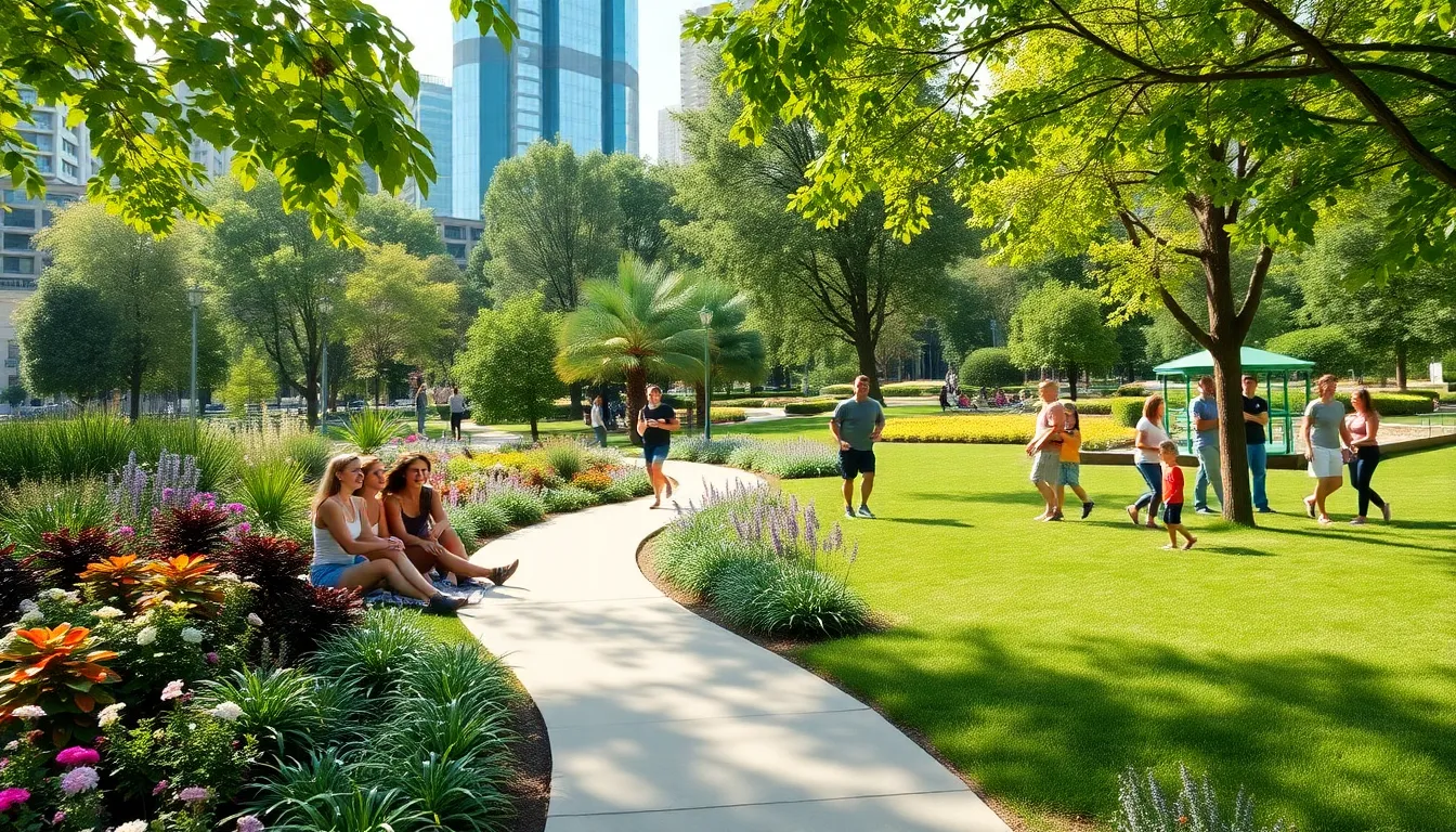 urban park with people enjoying green space in a city.