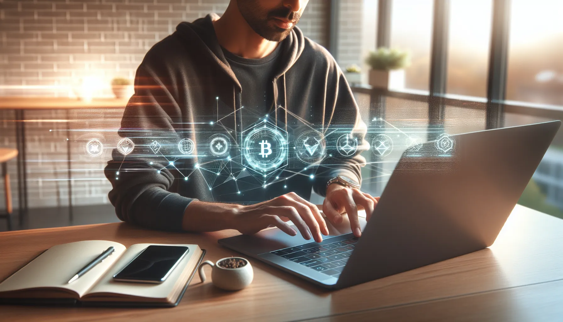 DeFi: What Decentralized Finance Means for You 2 Person using laptop to access DeFi applications with blockchain visualizations on screen.