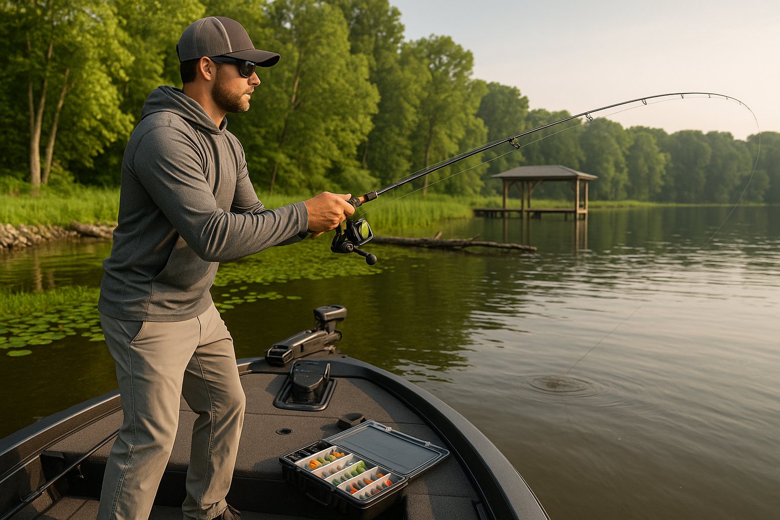 Angler casting near cover from a bass boat on a lake.