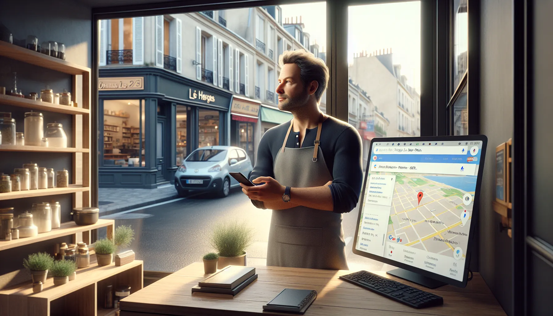 Local shop owner in L’Haÿ-les-Roses checking Google local search results on phone.