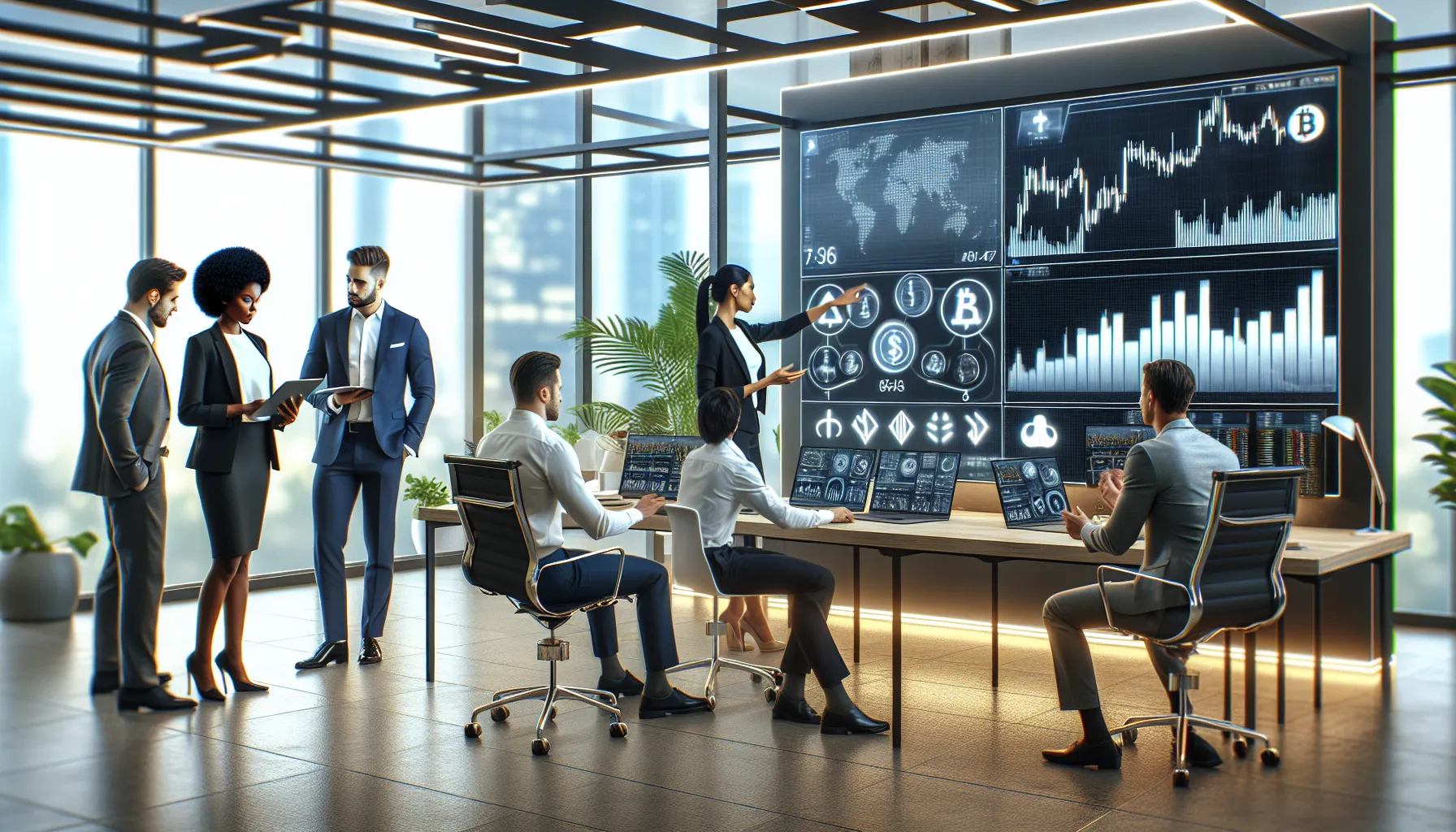 diverse team trading cryptocurrencies in a modern office setting.