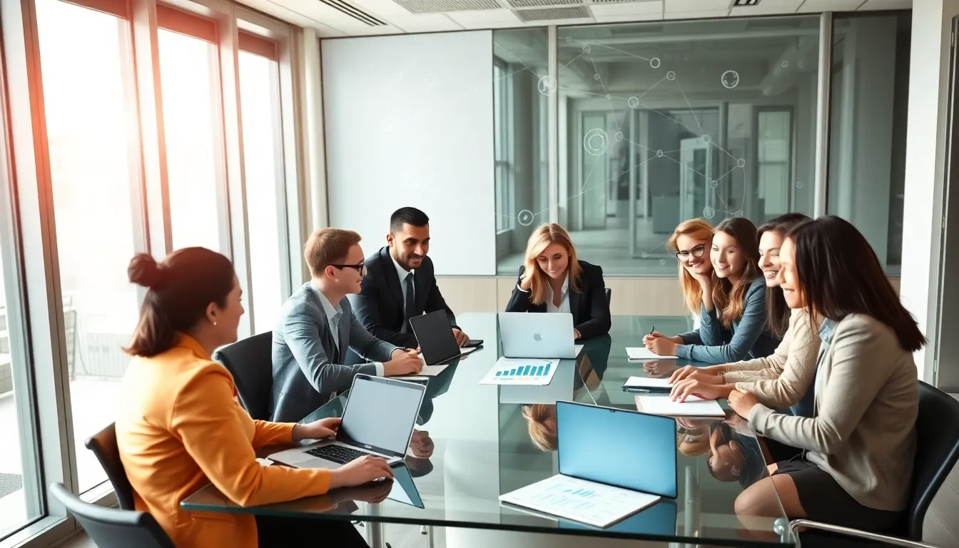 diverse professionals collaborating in a modern office environment.