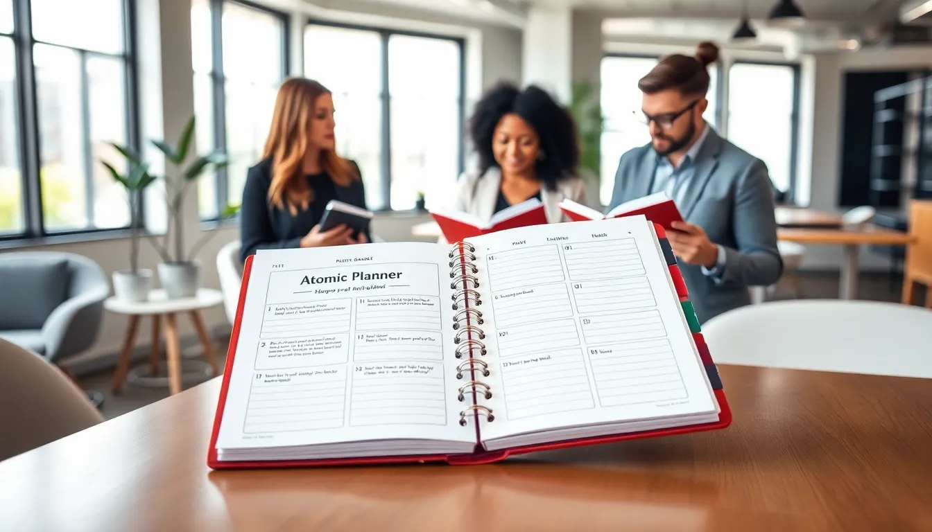 open Atomic Habits Planner on a modern desk with professionals discussing.