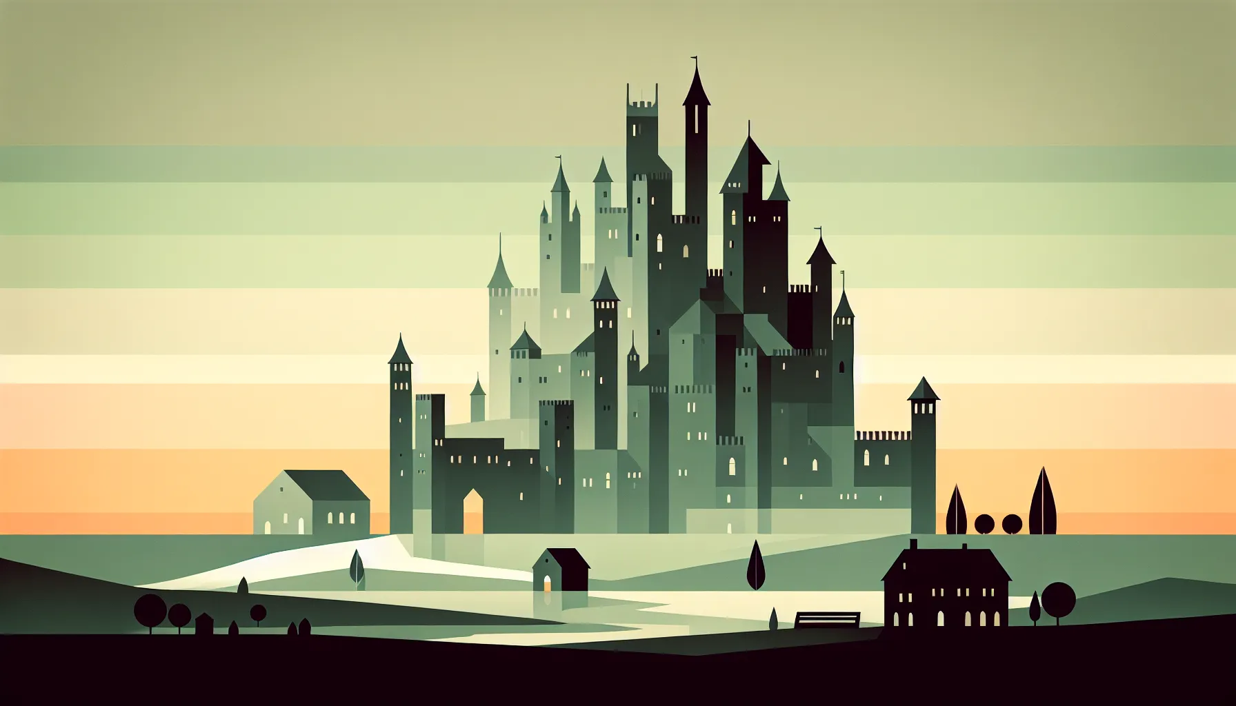 Medieval castle silhouette with village in minimalist seasonal gradient background