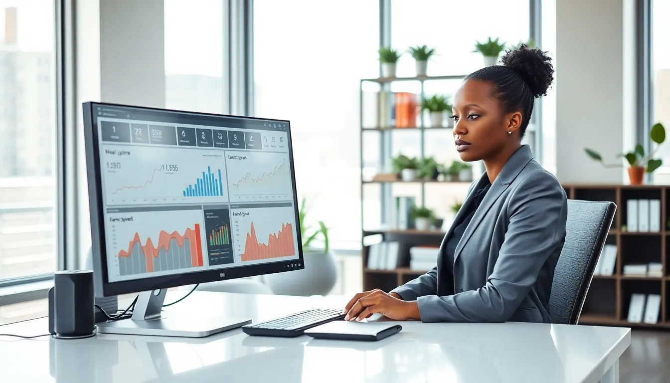 A woman analyzing website performance in a modern office setting.