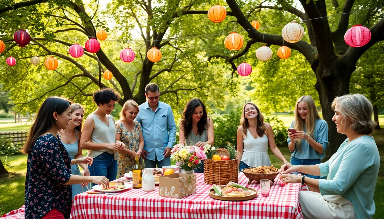 diverse group celebrating a thrifty outdoor event with DIY decorations.
